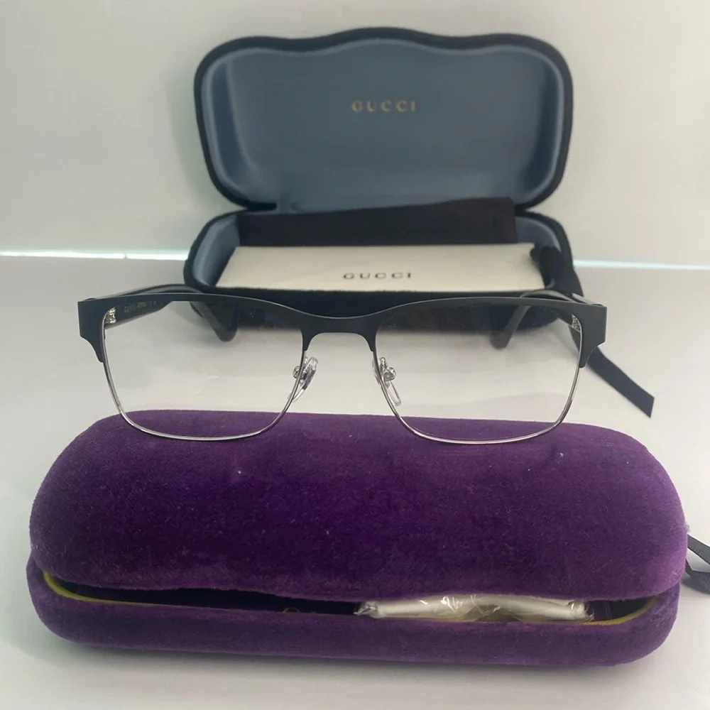 New - GUCCI GG0750O 001 square optical matte black and silver with shiny black…